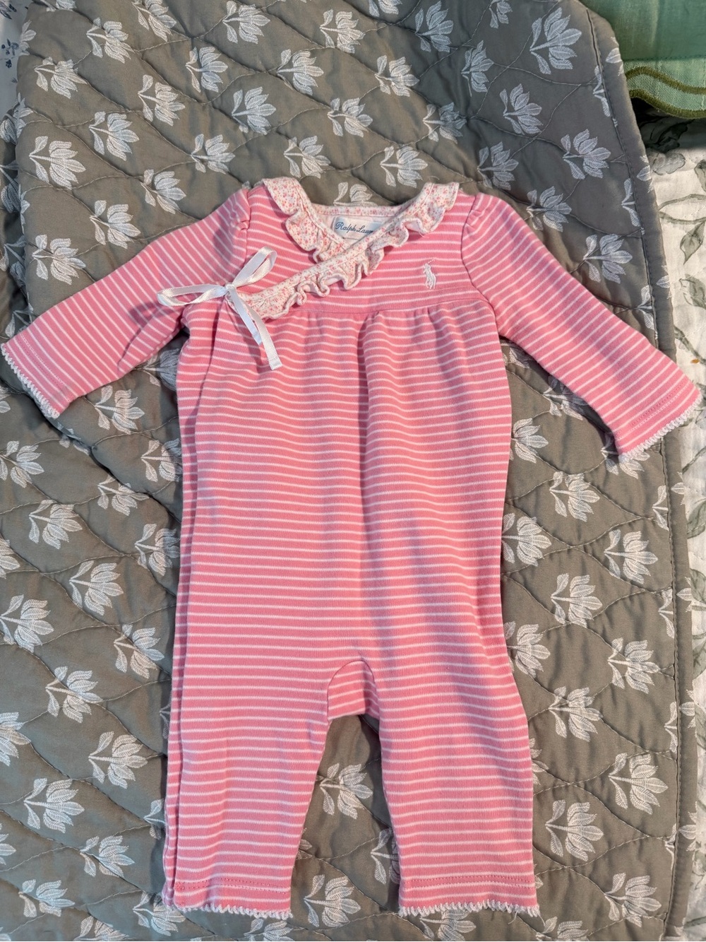 Ralph Lauren Pink & White Striped Baby Footie with Lace Trim
